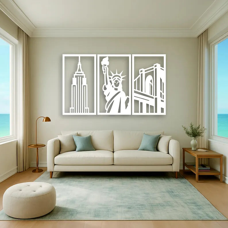 Modern City Skyline Wooden Wall Art Set - 3 Panel