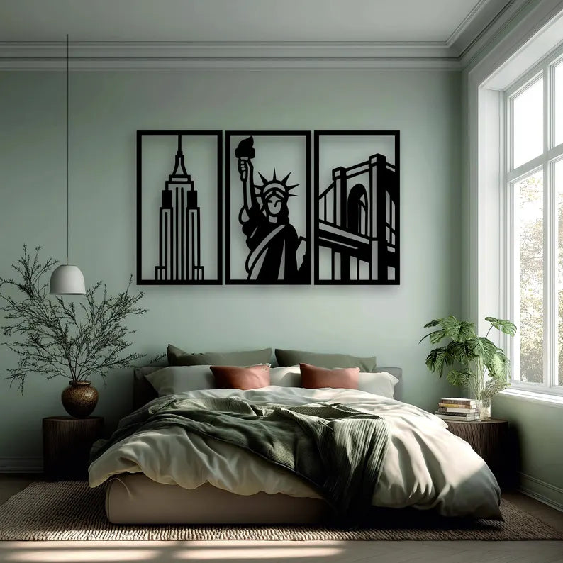 Modern City Skyline Wooden Wall Art Set - 3 Panel