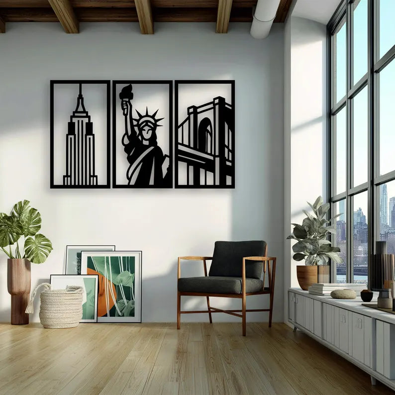 Modern City Skyline Wooden Wall Art Set - 3 Panel