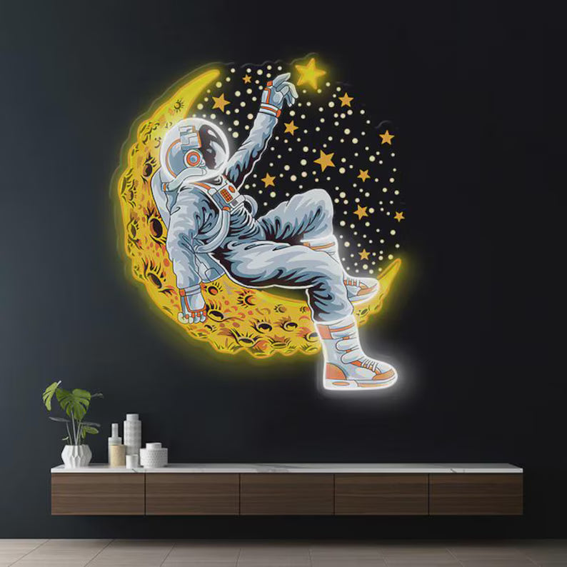 Astronaut Lying on Moon Digital Neon Sign