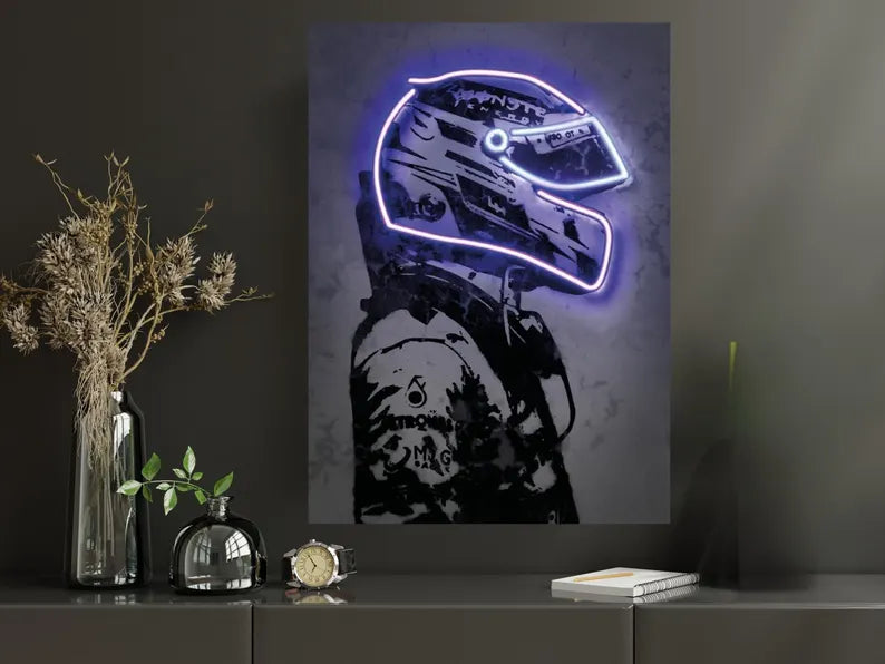 Biker Helmet Inspirational Digital Neon Light Poster Wall Art