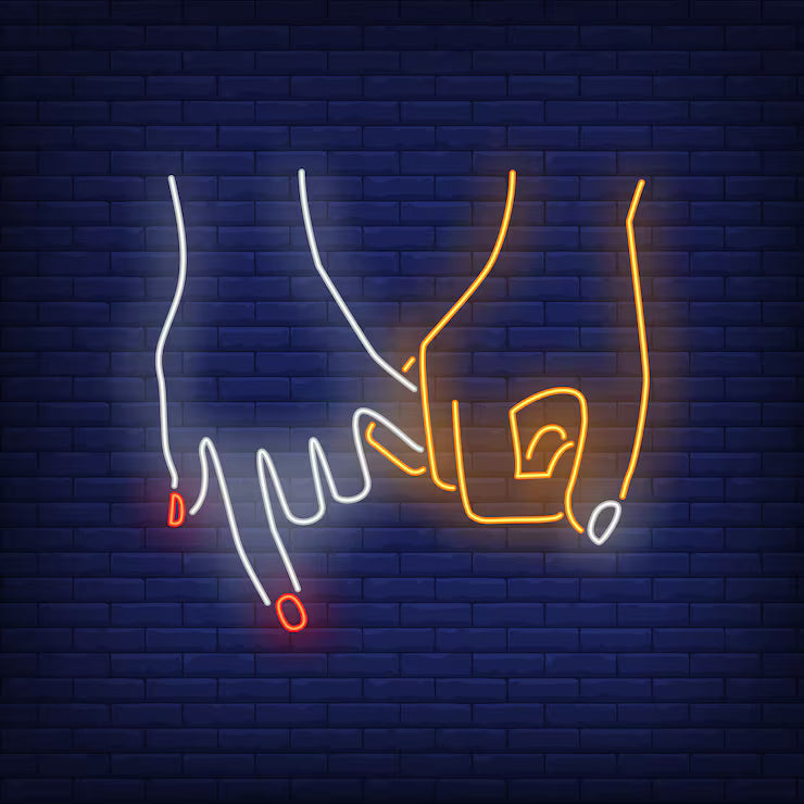 Man Woman Hands Holding Little Fingers Neon Sign