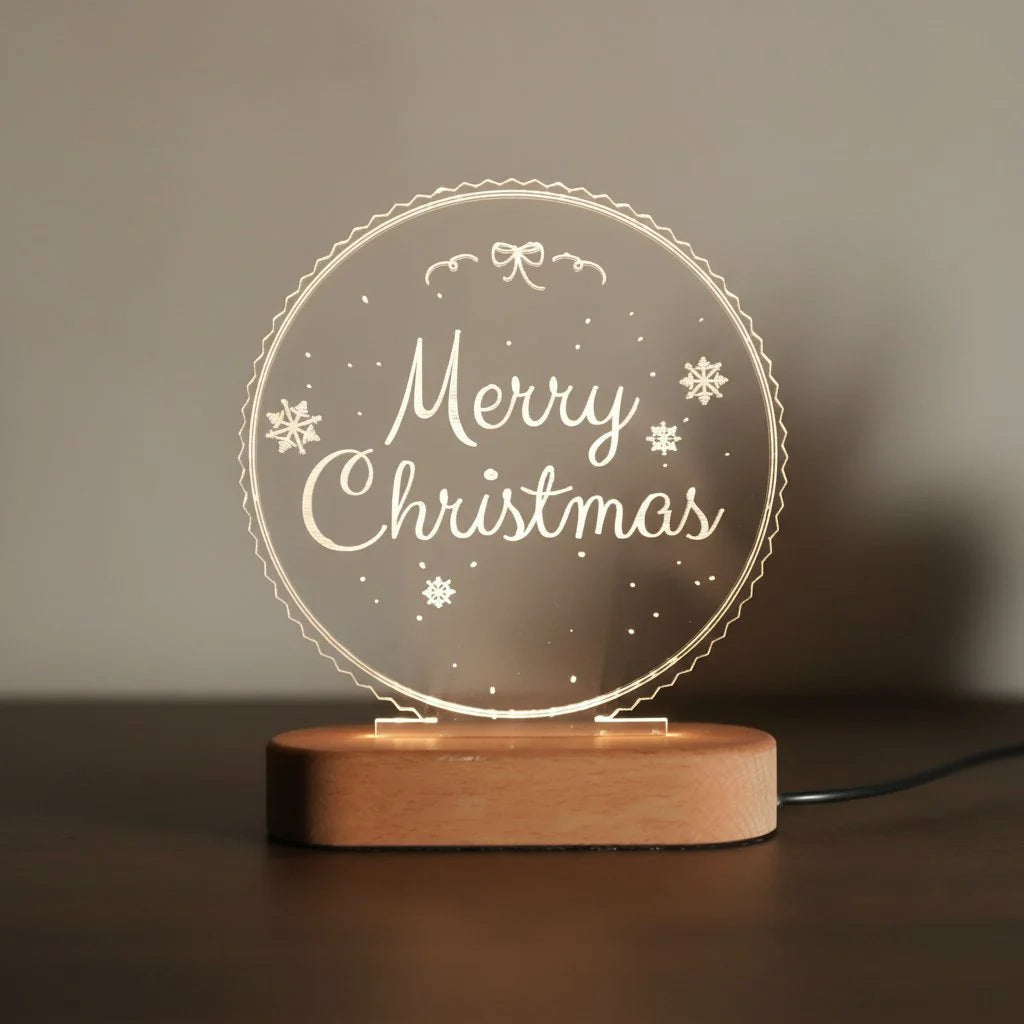 Merry Christmas LED Sign Warm White Acrylic Wooden Base