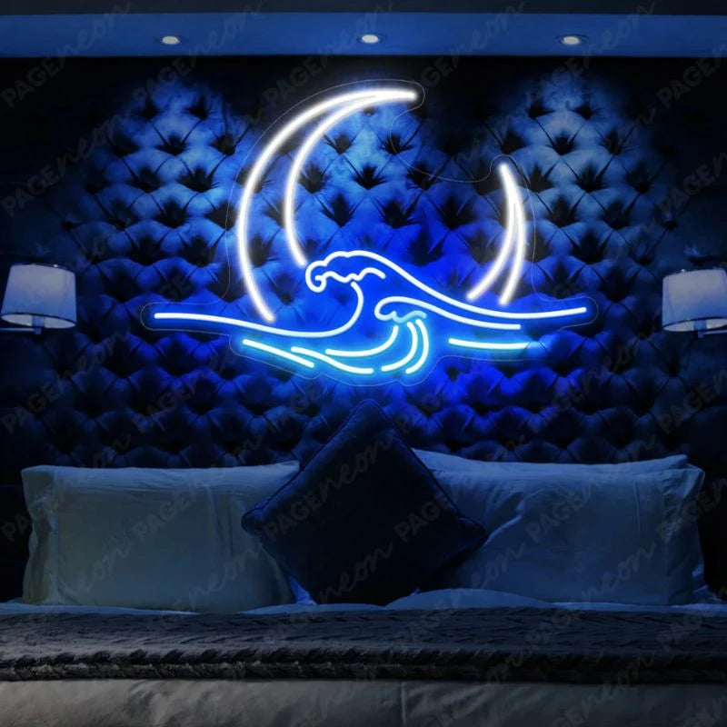 Moon Neon Sign Crescent Moon Blue Wave LED Light