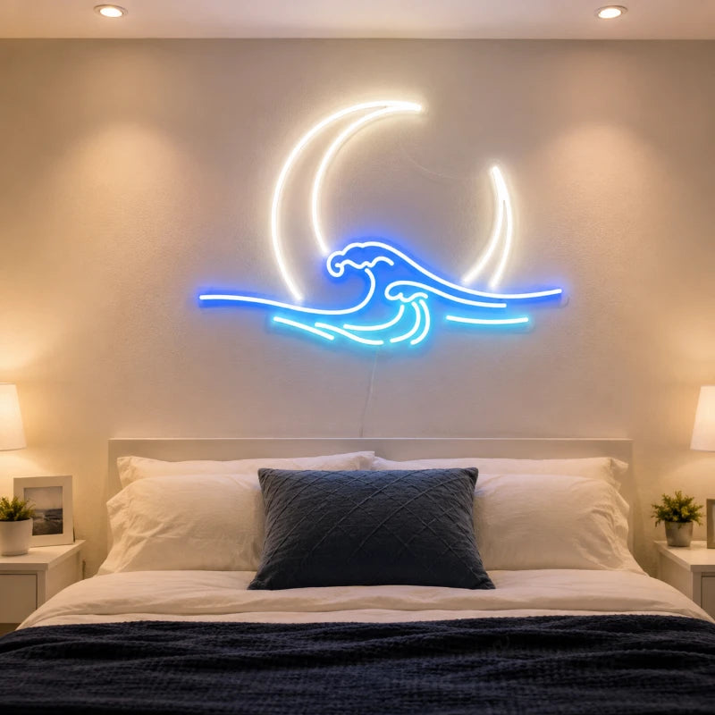 Moon Neon Sign Crescent Moon Blue Wave LED Light