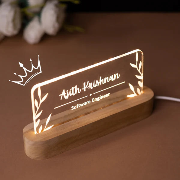 Personalized Acrylic Desktop Name Plate With LED Wooden Base