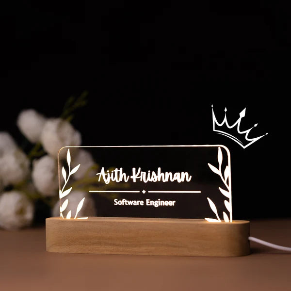 Personalized Acrylic Desktop Name Plate With LED Wooden Base