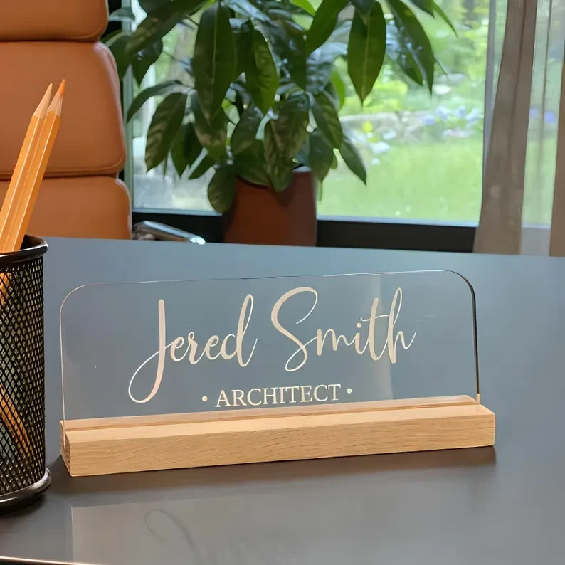 Personalized Acrylic LED Desk Name Plate Featuring A Light Wood Base