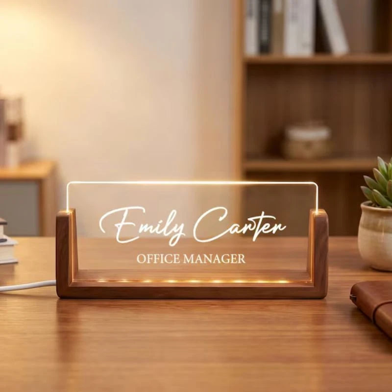 Personalized LED Acrylic Desk Name Plate With A Wooden Base