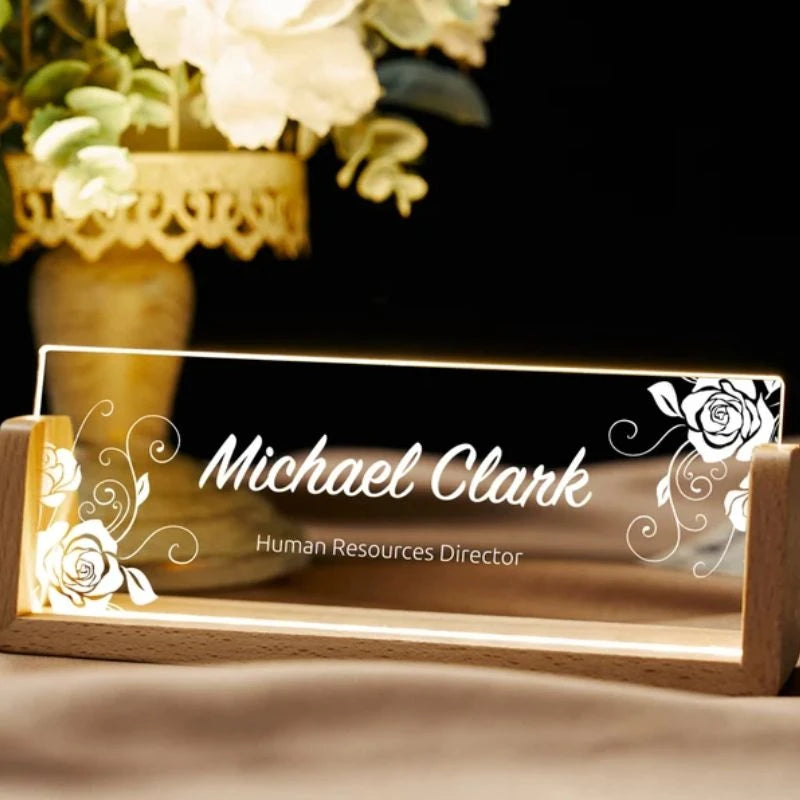 Personalized LED Desk LED Name Plate With A Wooden Base