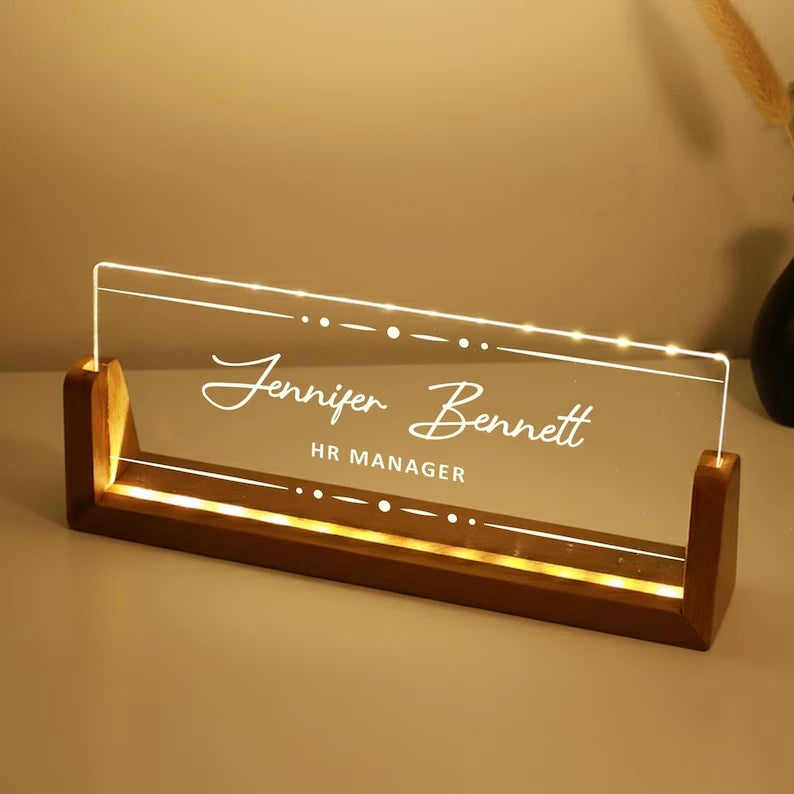 Personalized LED Desk Name Plate With A Wooden Base