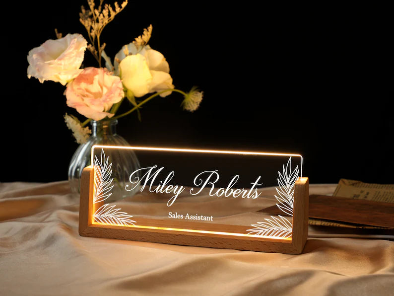 Personalized LED Desk Name Plate With Wooden Base