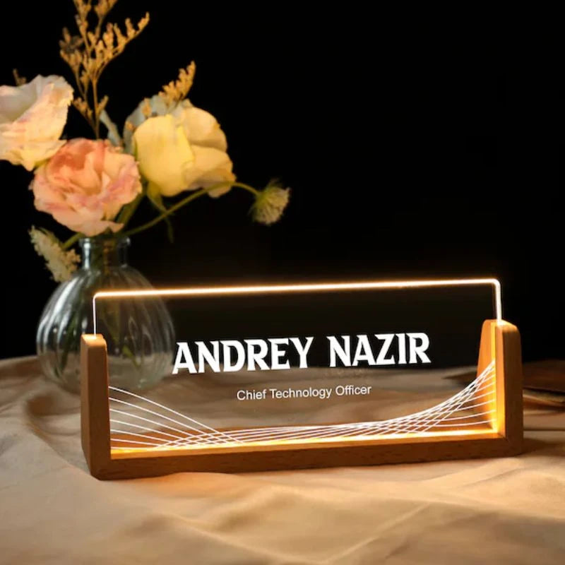 Personalized Profession Wave Pattern Sleek Acrylic Desk Name Plate With LED Light