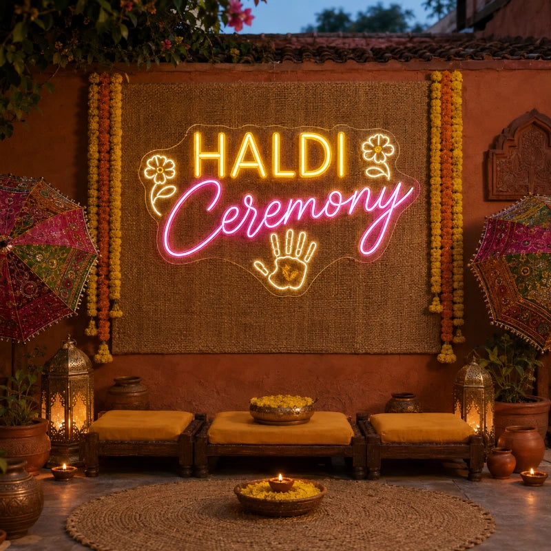 Rustic Courtyard Haldi Ceremony Neon Sign
