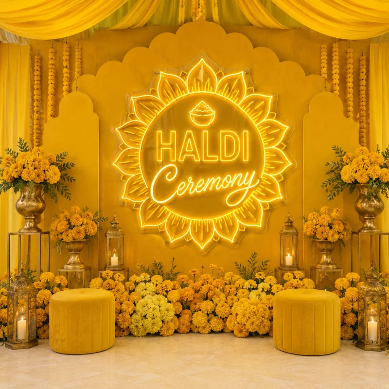 Yellow Floral Haldi Ceremony Neon Sign