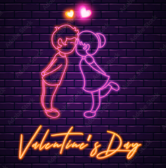 Neon Light Effect Valentine Day Text with Romantic kids Couple